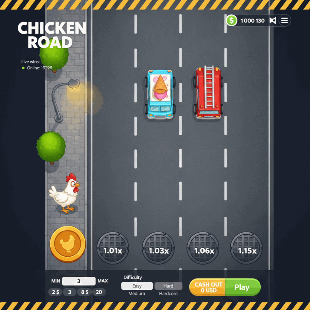 Schermata di gioco di Chicken Road che mostra un pollo bianco che attraversa una strada a più corsie con moltiplicatori crescenti visualizzati su ogni corsia, automobili in movimento e un'interfaccia di controllo delle scommesse nella parte inferiore dello schermo